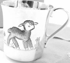 Tiffany  Co. Sterling Silver 2.5" Hand Chased Flowers and Lamb Baby Cup in Box