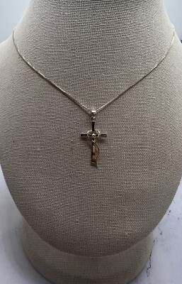 925 Sterling Silver Cross w White Topaz Stud & Heart Rope Pendant on Box Chain