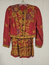Vintage 90s 2 Piece Red Gold Jacket Skirt Floral Suit Set Metal Button Petite XS
