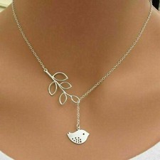 USA Elegant Spring Time Silver Bird and Leaves Lariat Pendant Necklace Jewelry