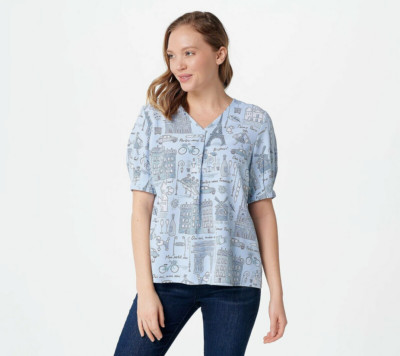 Denim & Co. Printed A-Line Blouse with Crossover V-Neck-Bleached-Small-A396455