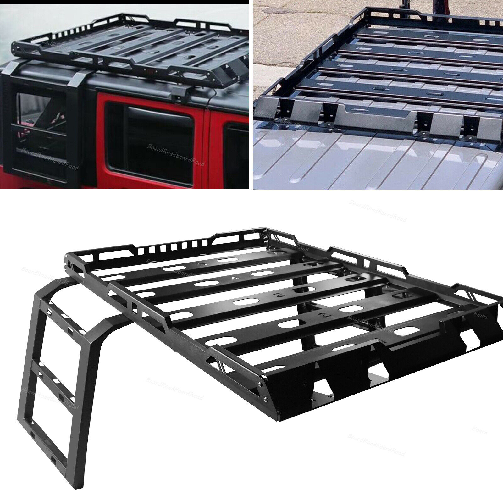 For 18-23 Jeep Wrangler JL 4-Doors Set Roof Rack Cargo Side Ladders Steel  Black