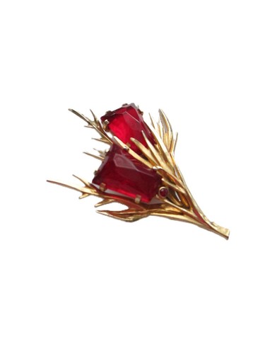 Castlecliff Signed Large Red Rhinestone Flower Brooch - Picture 2 of 7