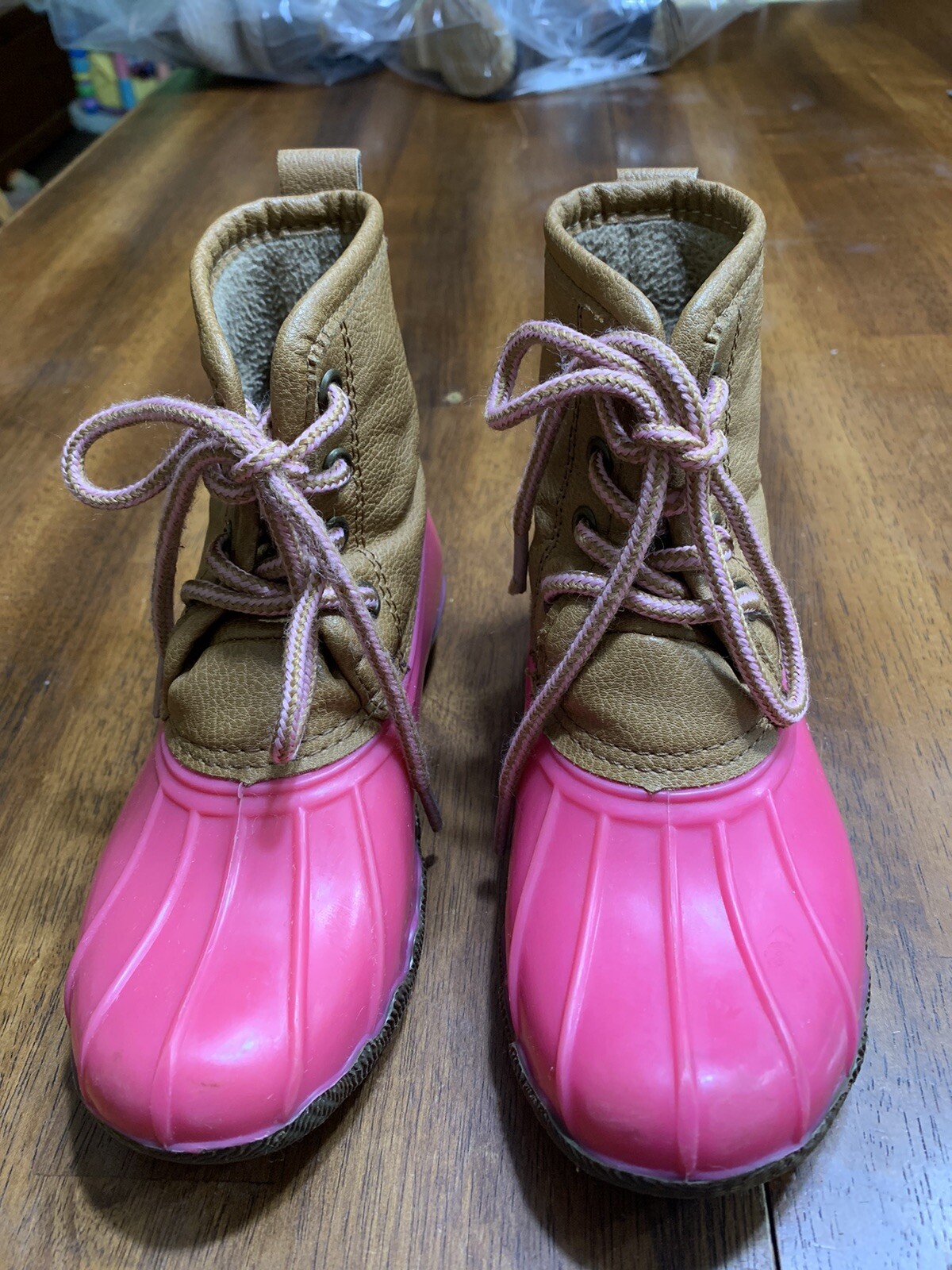 Josmo Girls Duck Boots Pink And Tan Lace Up .
