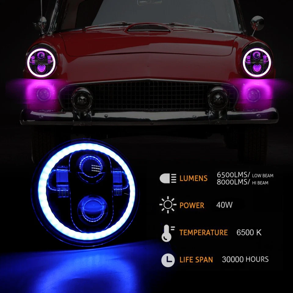 4x 5.75" LED Headlights Hi/Lo RGB Angel Eyes bluetooth for 1958-60 Edsel Ranger - Image 3 of 4