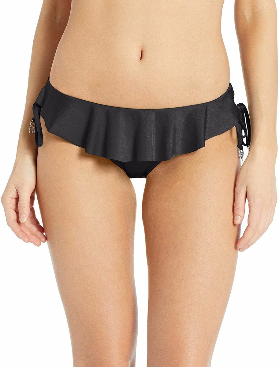 $195 Seafolly Women's Black Ruffled Side-Tie Bikini Bottom