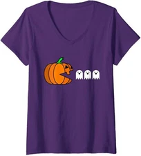 Funny Halloween Pumpkin Eating Ghost Gamer Tee Ladies' V-Neck Tshirt