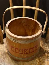 RARE Vintage 1950's Wood Sugar Bucket - Wooden Barrel -Lettering says "Cookies"