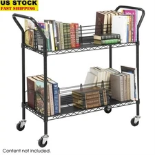 Wire Book Cart Double-Sided Stainless Steel Shelves Rolling Library Storage Cart