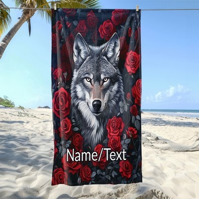 Custom Name Wolf Roses Dark Extra Large Beach Towel | Ultra Soft & Quick Dry Mi