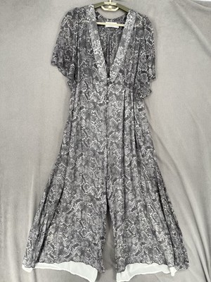 Zimmermann Jumpsuit Womens 3 Grey Silk Animal Print Snake V Wide Pocket Button