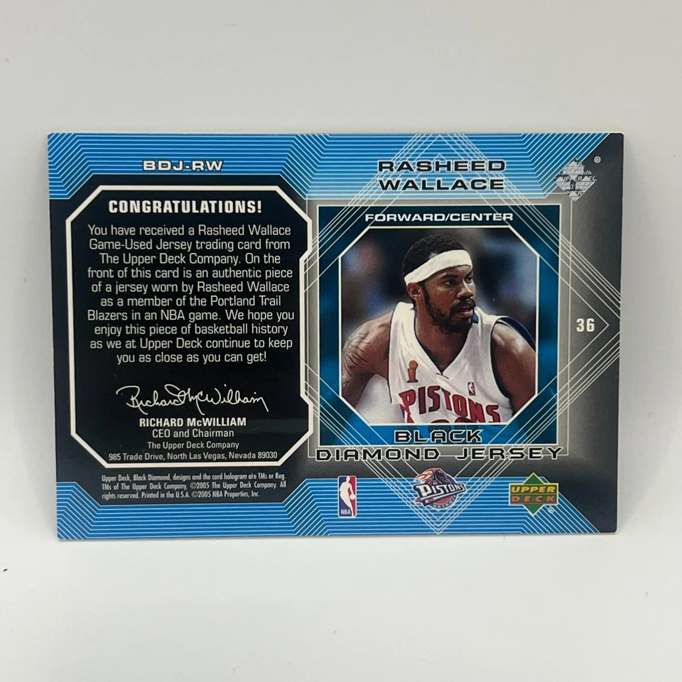 2004-05 Upper Deck Black Diamond Jerseys Rasheed Wallace #RW DET - Image 2 of 2