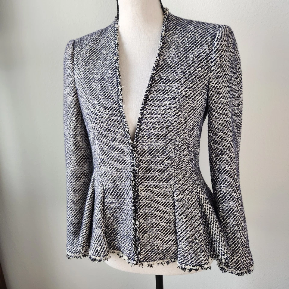 Rebecca Taylor Tweed Peplum Knit Cropped Blazer Jacket Black Gray Blue Size 6 - Image 2 of 4