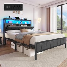 Full Bed Frame with Storage Headboard Upholstered LED Platform Bed with Charging