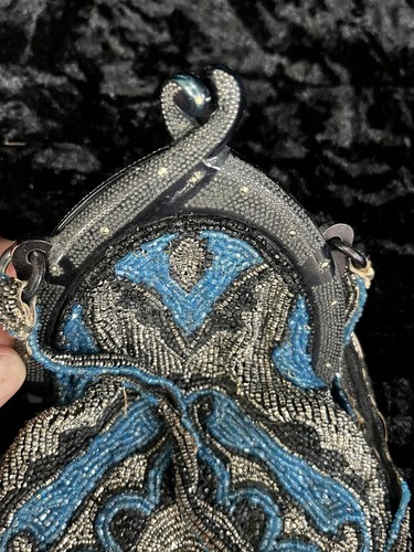 Antique Victorian Reticule Handbag Blue Black Floral Hand Micro Beaded Clutch - Picture 9 of 9