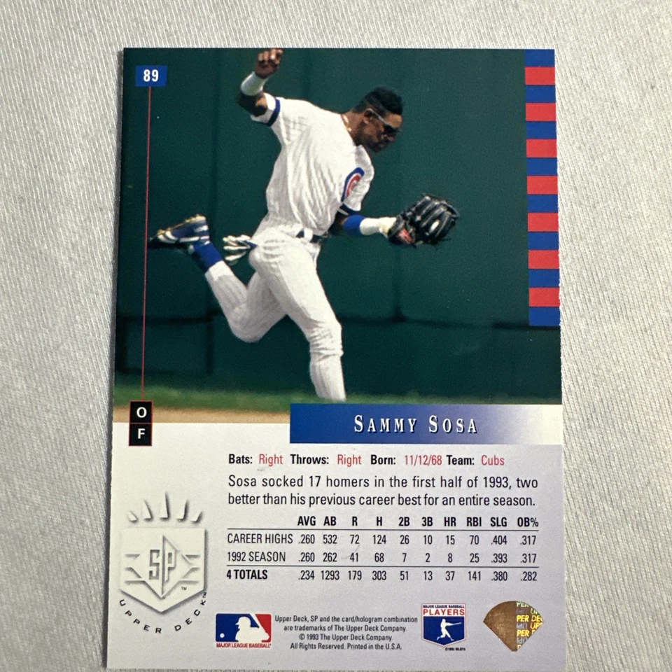 SP #89 1993 Sammy Sosa Chicago Cubs casi nuevo+ Foto 2 de 3