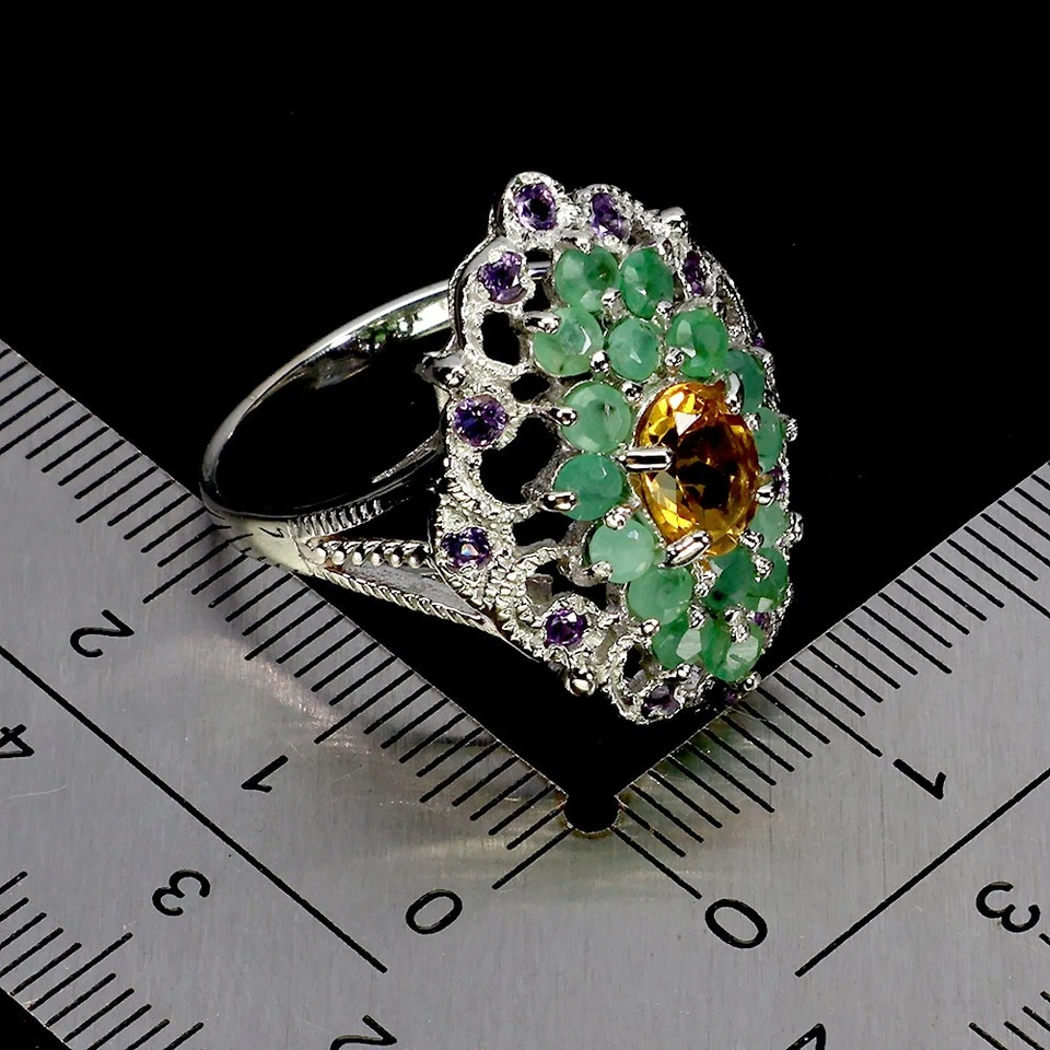 Anillo de plata de ley 925 ovalado citrino 7x5 mm esmeralda piedras preciosas joyería tamaño 9 Foto 3 de 4
