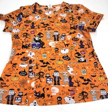 Dickies Halloween Scrub Top Orange Ghost Witches Cat Large