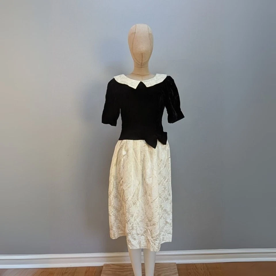 Lanz Originals винтажный черный бархат и кремовый жаккард миди платье - размер 8 - Изображение 2 из 4