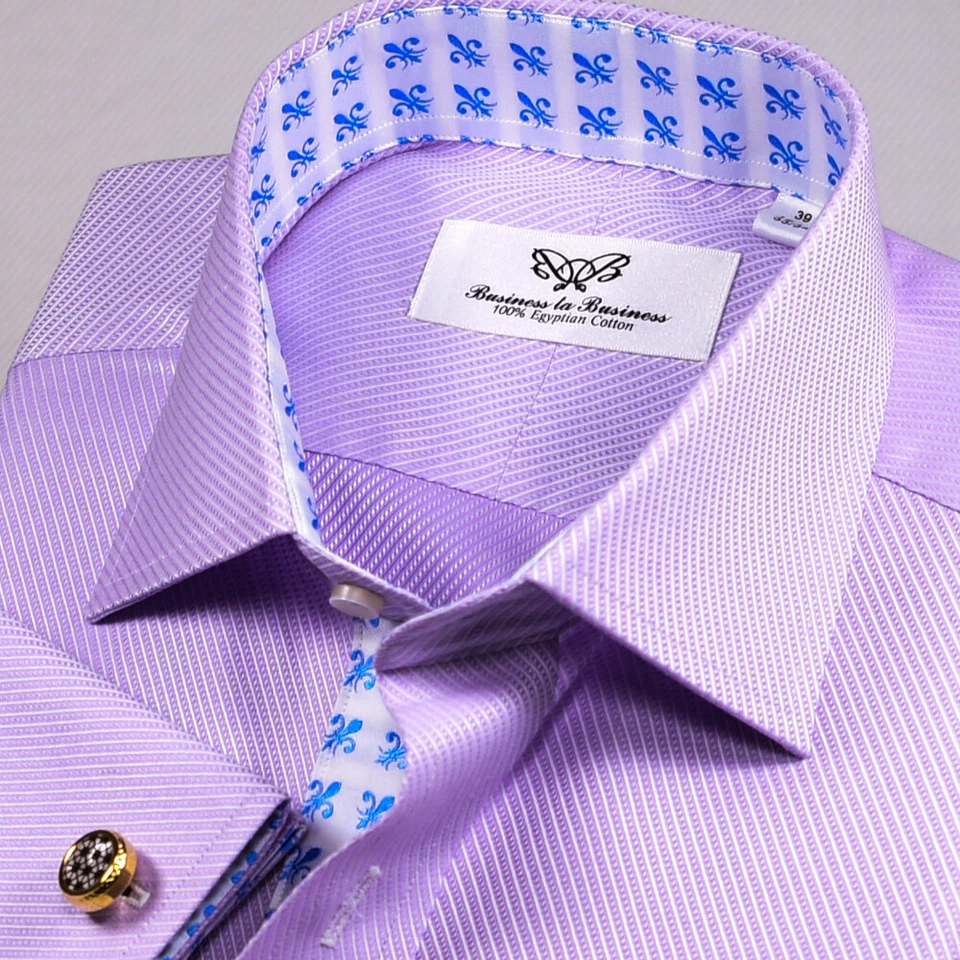 Сиреневая саржевая официальная деловая рубашка с синей внутренней подкладкой Fleur-de-lis BossDress - Изображение 2 из 4