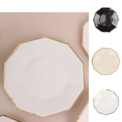 25 pcs 7 in Decagon Disposable Paper Salad Plates Gold Trim Events Tableware
