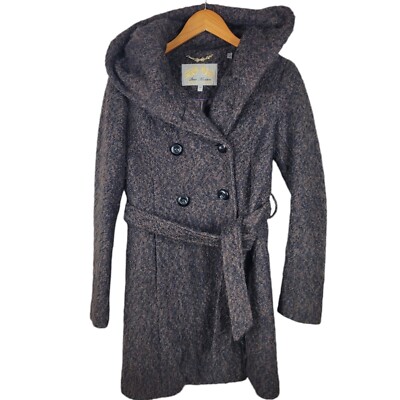 Steve Madden Size Small Hooded Pea Coat Jacket Winter Peacoat Brown Boucle Belt