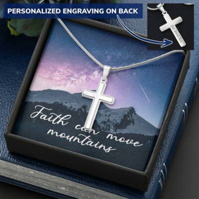 Faith Can Move Mountains Engraved Cross Necklace