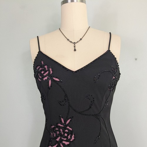 Vintage Betsy Adam Prom Dress Maxi Gown 10 Black Pink Floral Fairy Goth Glam - Picture 7 of 9