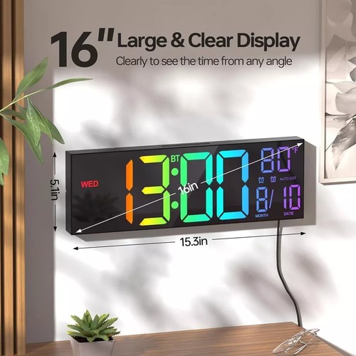 16.2" Large Digital Wall Clock with Bluetooth Sync, Alarm, Big LED, 8 RGB Color, - Picture 8 of 9