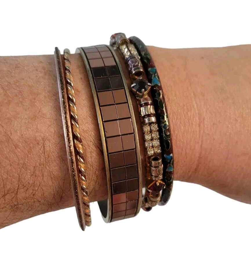 Bangle Bracelet Set of 5 Burgundy Bronze Cloisonne Enamel Beads Mirrored Design-image