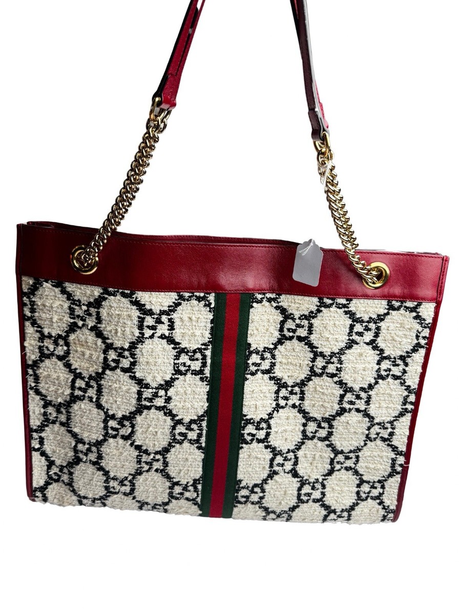 GUCCI Rajah White Black GG Boucle Wool Red Leather Trim Tote Lion