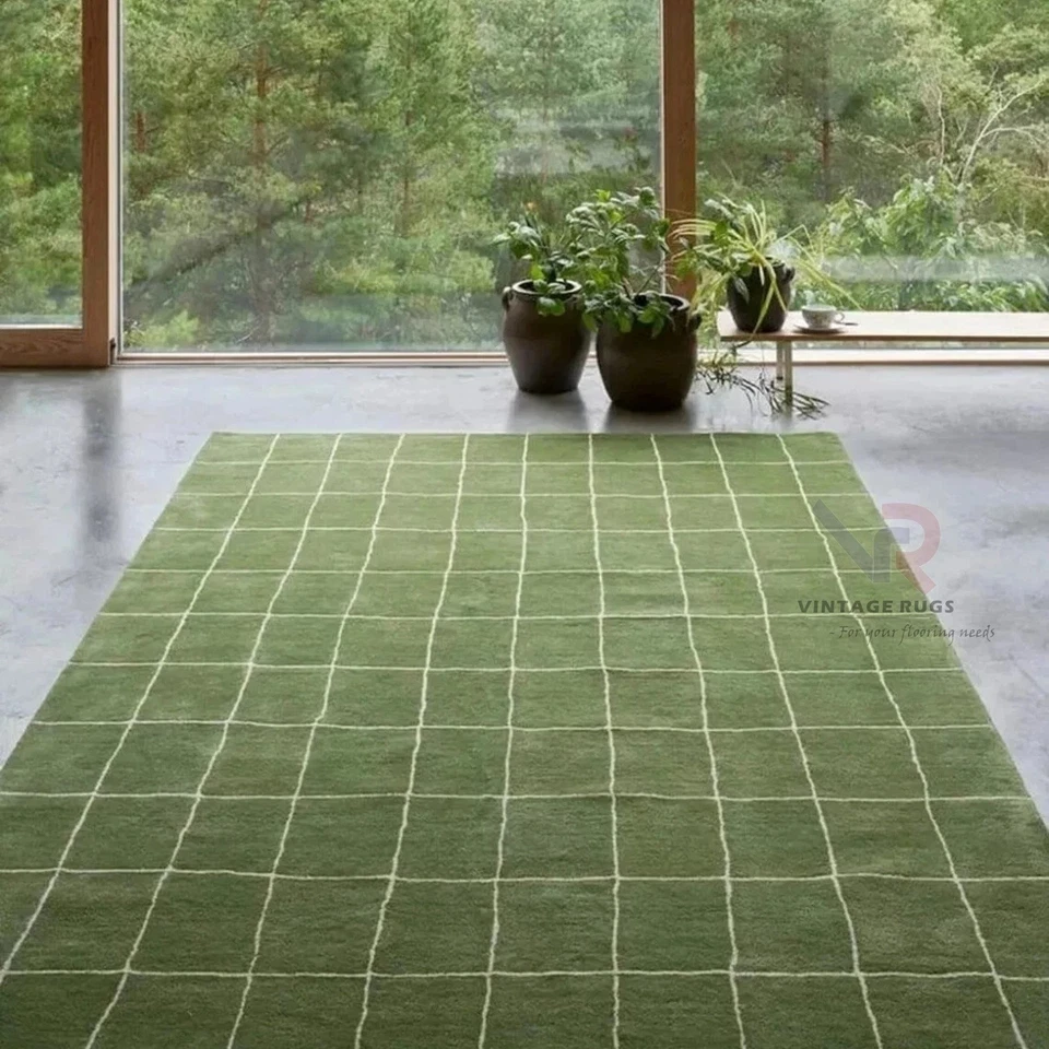 Alfombra de lana hecha a mano 8x10 verde acolchada a mano moderna alfombra de área de rejilla para sala de estar Foto 2 de 4