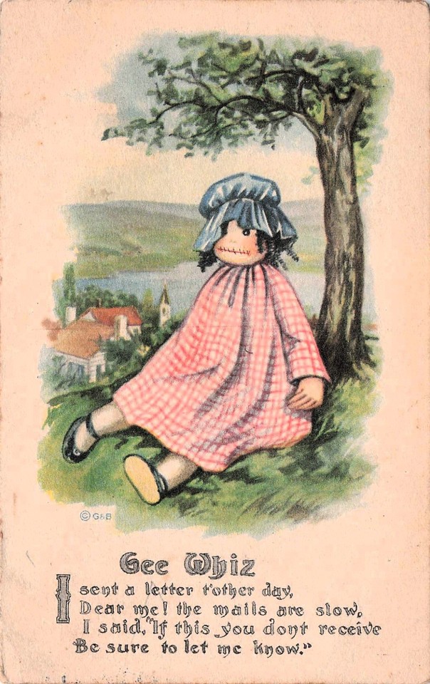 A creepy vintage postcard from Toledo, Missouri featuring a doll with a sewn-shut mouth and a weird handwritten poem — the kind of deeply strange artifact that stops a conversation cold.