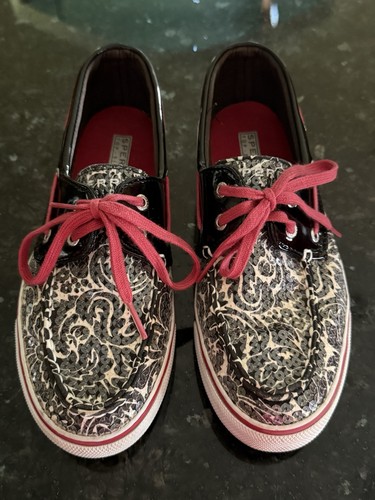 WOMENS Size 7 SPERRY TOP-SIDER BISCAYNE BLACK Sequined FLORAL BOAT SHOES - Picture 2 of 8