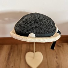 VTG 50  s Women  s Pillbox Hat Fascinator Black Cream Woven Ribbon Bow