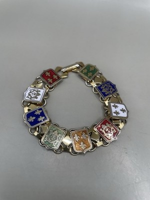 Vintage Crest Lion Shield Heraldic Fleur De Lis GoldTone 7.25  Bracelet