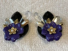 GoldTone Purple/Black/Clear/Faux Pearl 2” Clip Earrings. Good Cond. See Photos. 