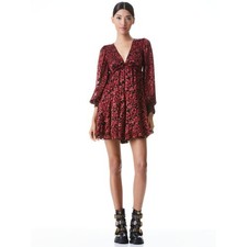 Alice + Olivia Briar Floral Blouson Mini Dress Sz 12 Deep V-neck Velvet Burnout