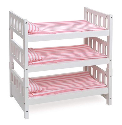 1-2-3 Convertible Doll Bunk Bed - Pink Stripe Design with Bedding and Persona...