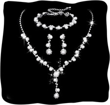 Silver Pearl Bridal Wedding Jewelry Set Rhinestone Necklace Earrings Bracelet Se