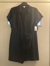 Nine West-Wrap Front Black Dress with Short Sleeves and Collar