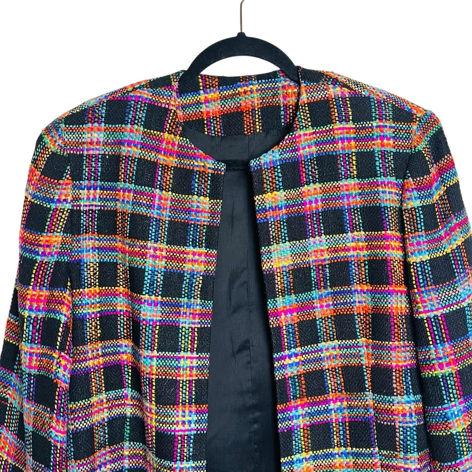 Doncaster Jacket Womens 10 Black Multicolor Plaid 100% Silk Open Front Blazer - Imagem 4 de 4