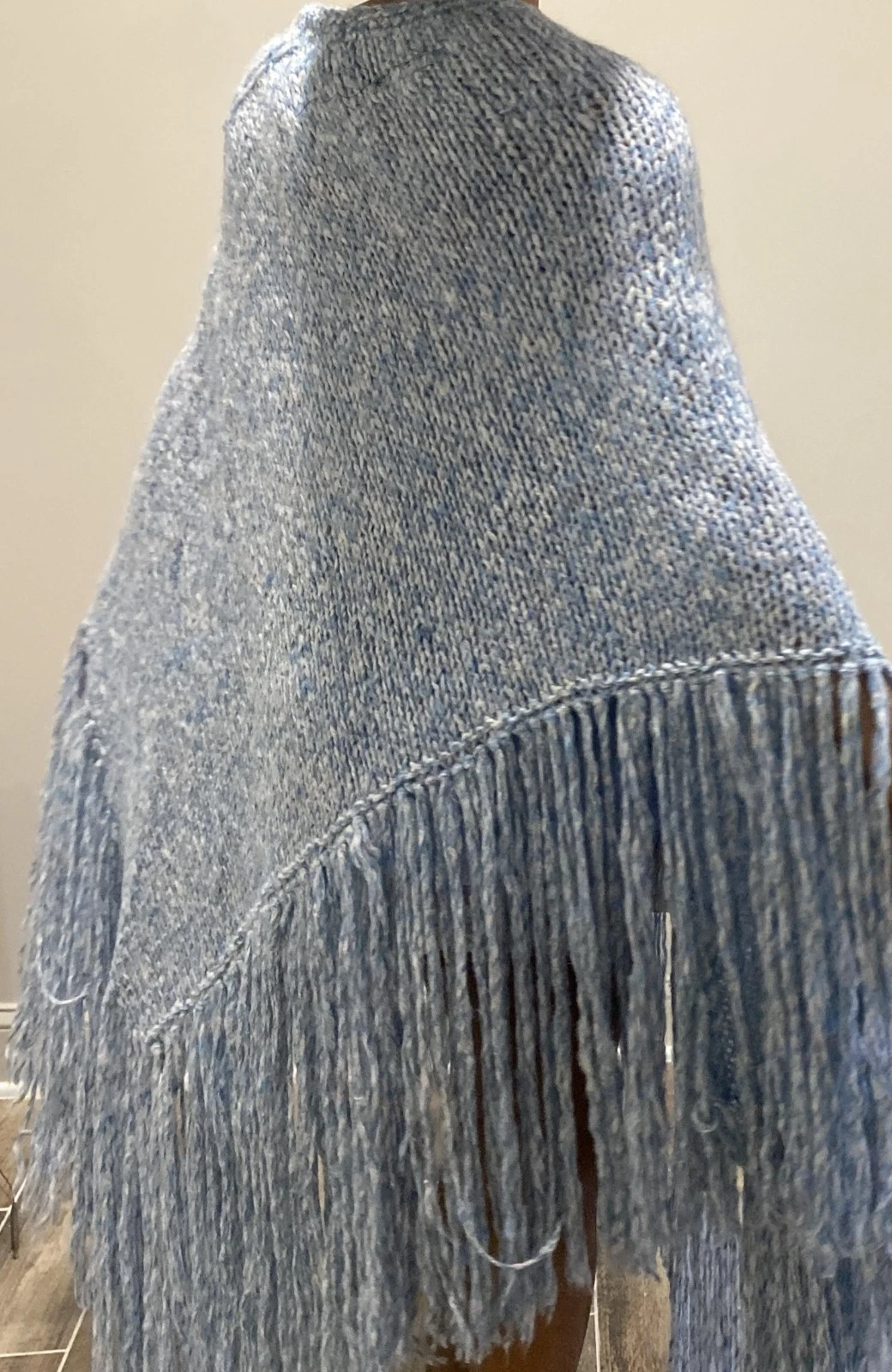 Hand Knit Chunky Light Blue Wool Blend Tweed Fringed Poncho by A Yarn's Tale
Opens in a new window o