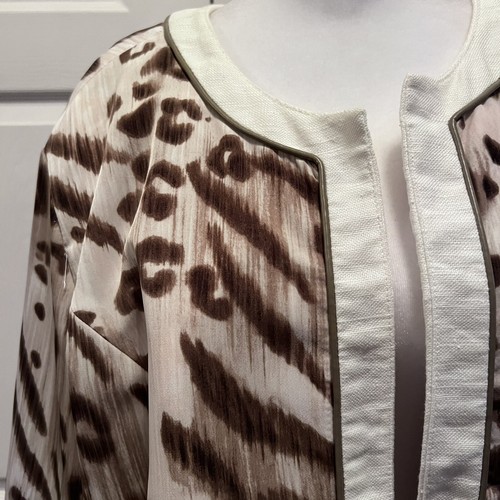 CHICO’S Women Size 4 Reversible Jacket Linen Taupe & Leopard 3/4 Sleeves Open  - Picture 10 of 12