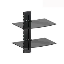 2 TIER DUAL GLASS SHELF WALL MOUNT UNDER TV CABLE BOX COMPONENT DVR DVD BRACKET