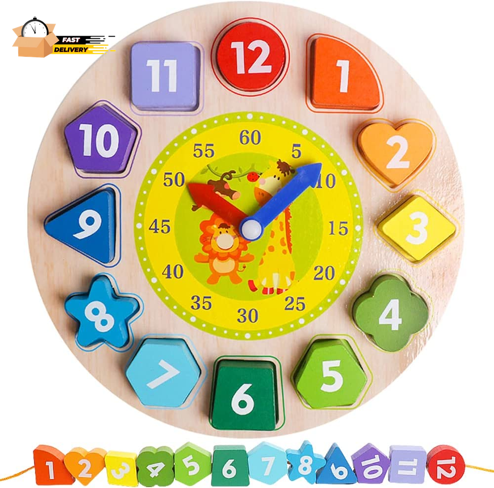 Wooden Shape Color Sorting Clock- Teaching Time Number Blocks Clock Shape Patter