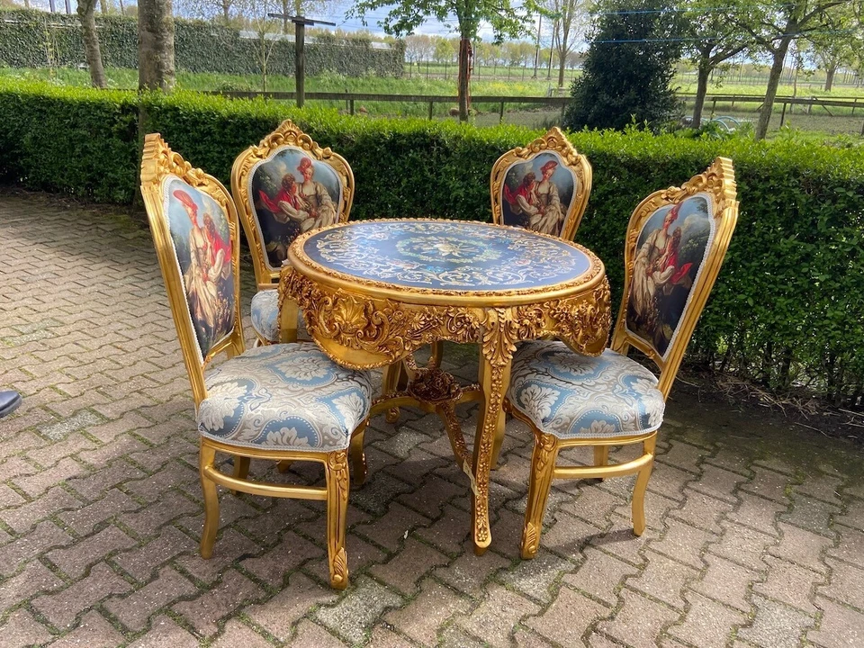 Juego de comedor barroco italiano mesa con sillas hoja de oro Luis XVI asientos personalizados Foto 2 de 4