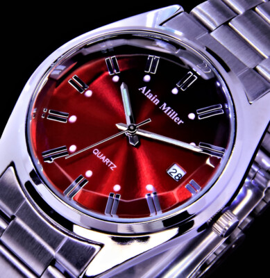 Alain Miller Herren Armband Männer Uhr Rot Silber Farben Datum 003