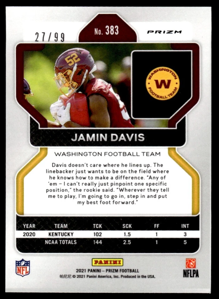 2021 Panini Prizm Blue Ice Jamin Davis 27/99 Washington Football Team #383 - Image 2 of 2