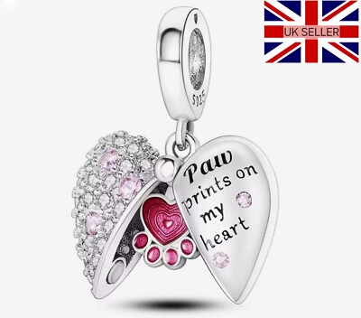 925 Silber Pfotenabdrücke auf meinem Herzen Öffnung funkelnder Memorial Charm in Geschenkbox